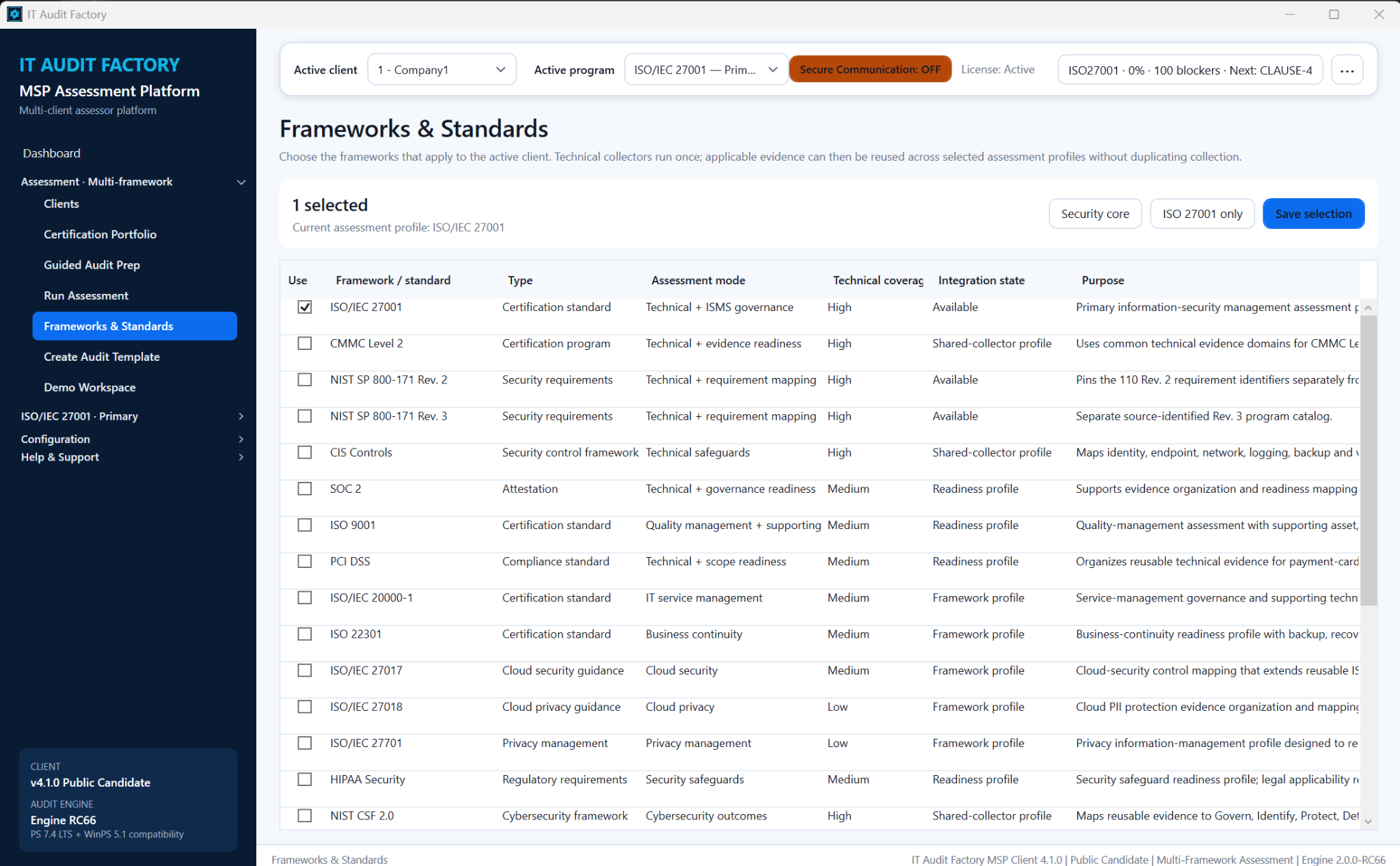 Frameworks & Standards screen for Company1