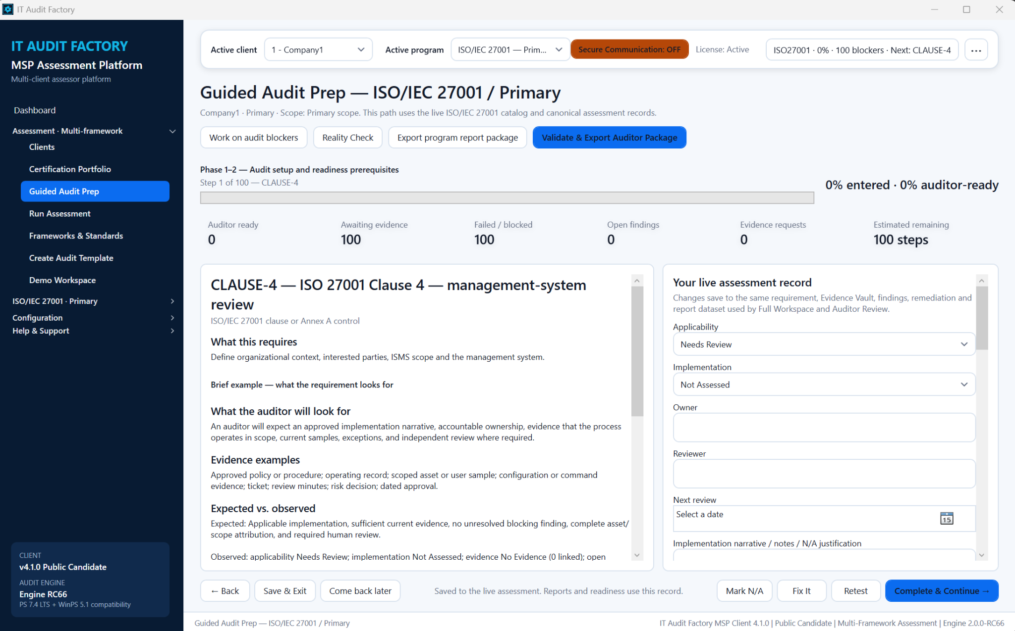 Guided Audit Prep screen for Company1