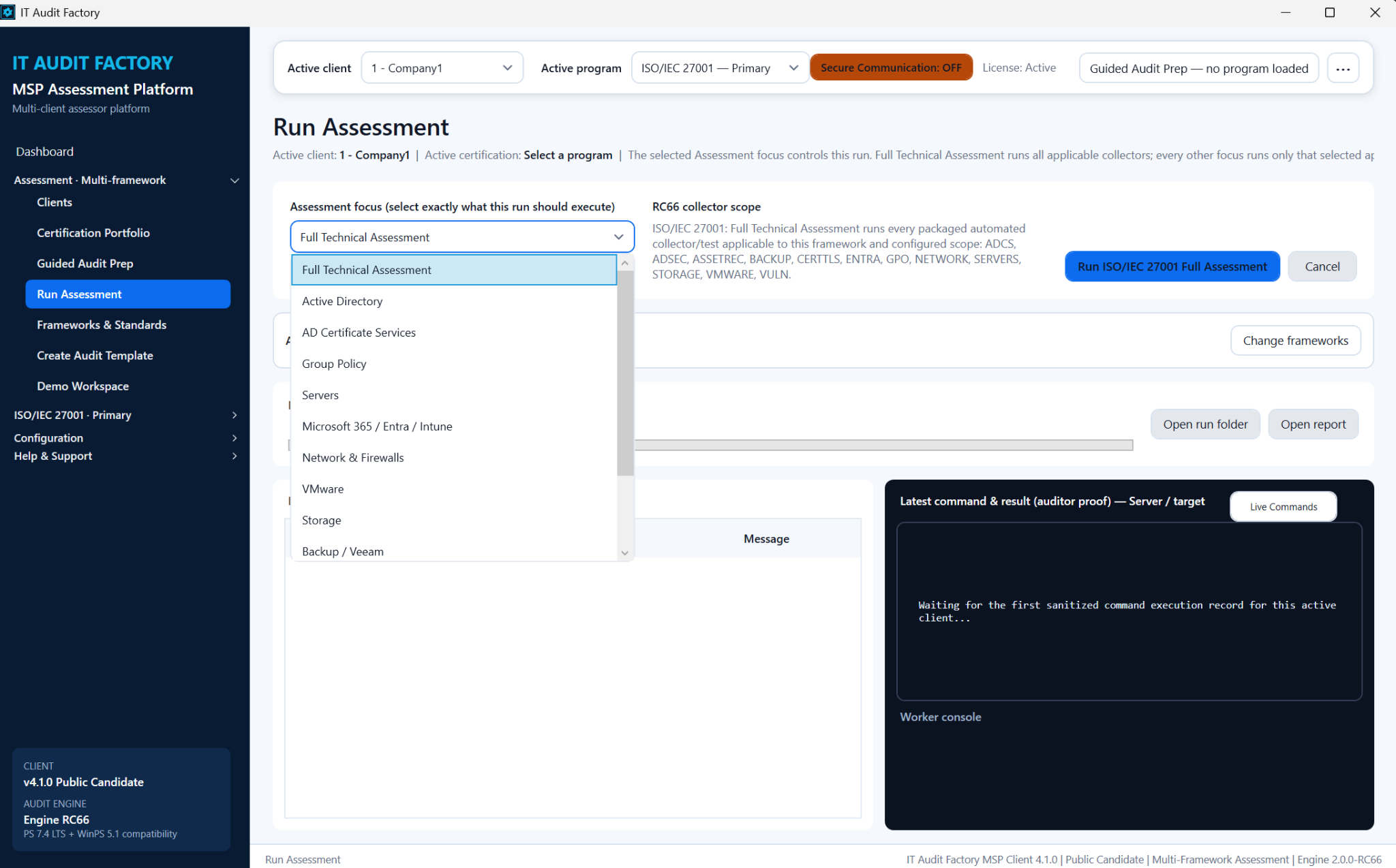 Run Assessment screen for Company1